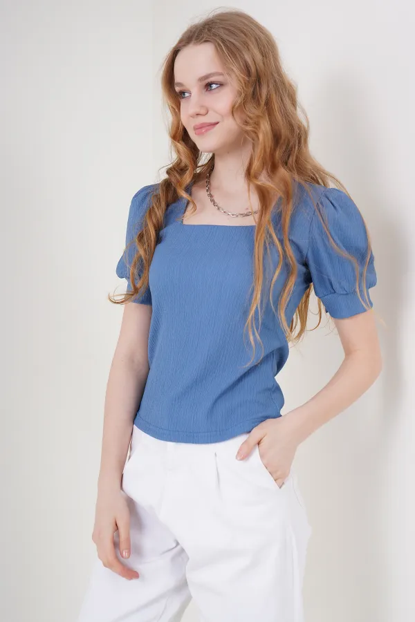0409 Chemisier tricoté à col carré - Indigo