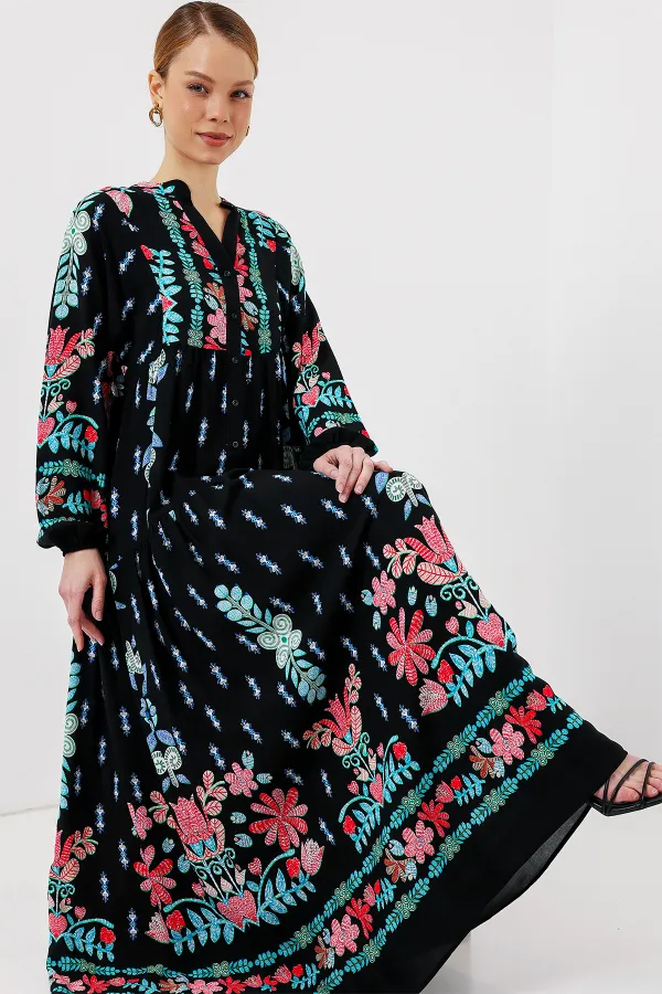 Robe hijab à motifs authentiques 2423 - Noir - Menthe