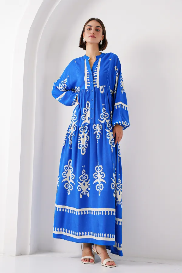 Robe hijab authentique à motifs 2423 - Blanc - Bleu marine
