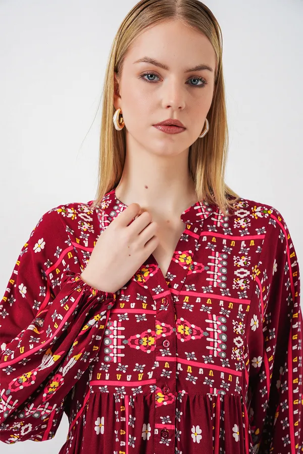 Kadın Desenli Uzun Tesettür Elbise 2585 - K. Kırmızı