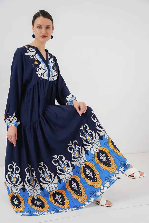 Robe hijab à motifs authentiques 2423 - Bleu marine 4