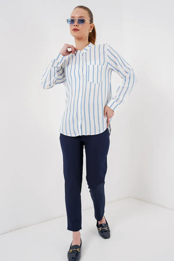 Kadın Uzun Kollu Çizgili Gömlek 20283 - Mavi