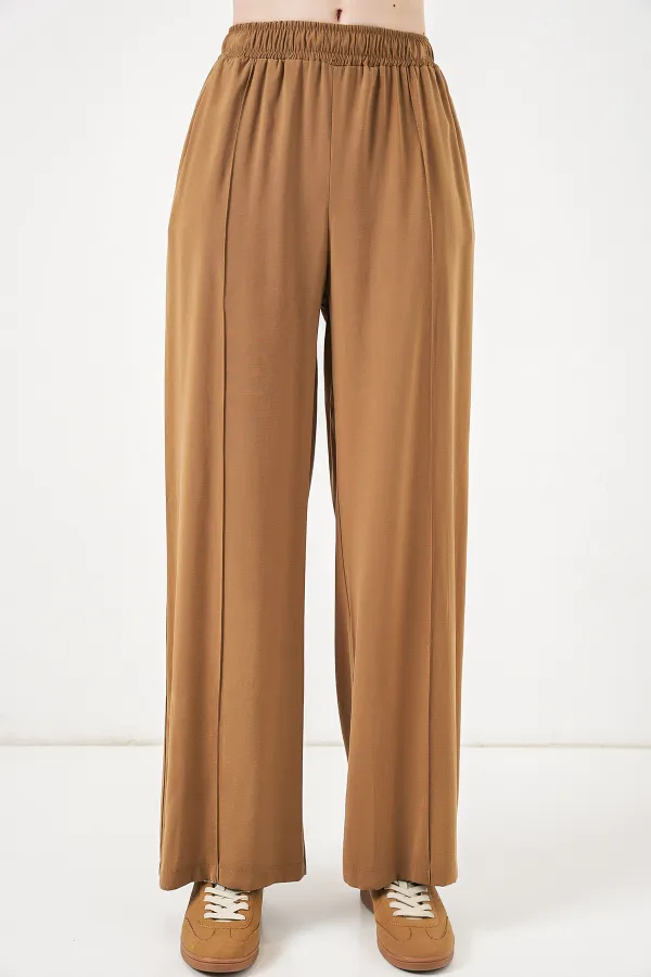 Women's Wide Leg Trousers with Elastic Waistband 30087 - Tan Women's Wide Leg Trousers with Elastic Waistband 30087 - Tan