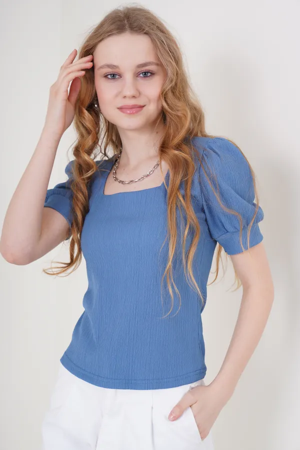 0409 Chemisier tricoté à col carré - Indigo