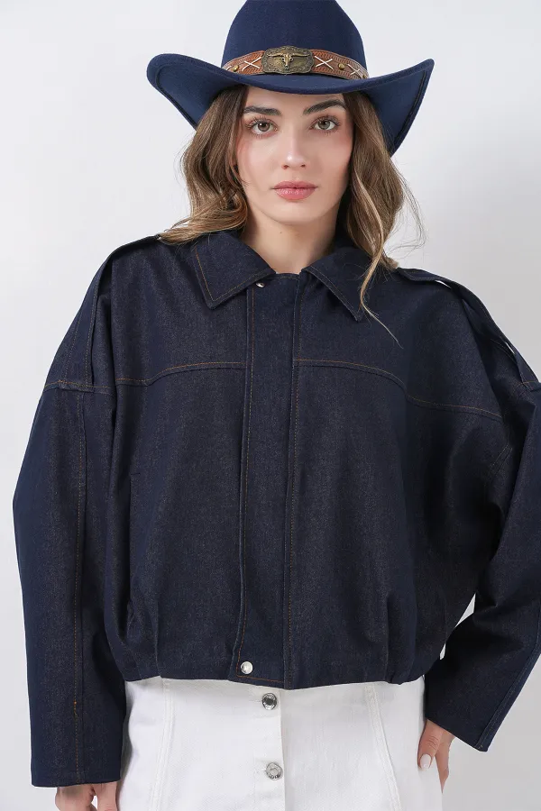 Women's Denim Bomber Jacket 0737 - Navy Blue