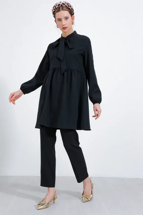 Ensemble pantalon et tunique noirs en maille pour femme 6654