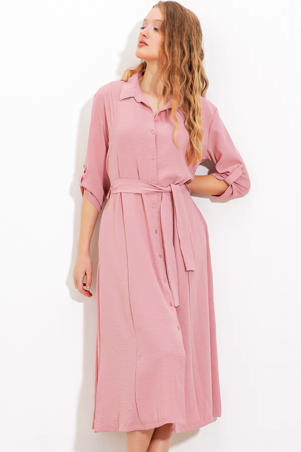 Robe-chemise ceinturée couleur poudre pour femme 2442