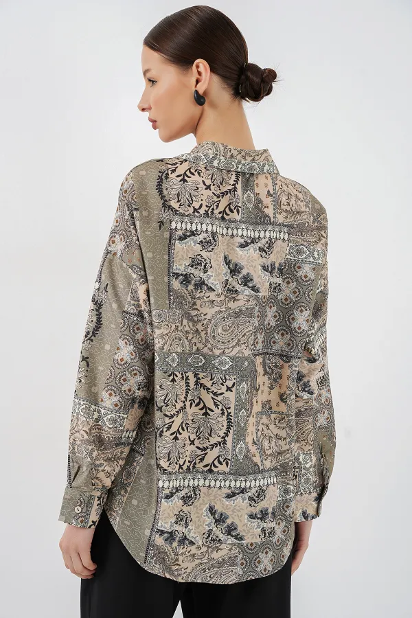 Women's Oversize Patterned Satin Shirt 20365 - Çağla