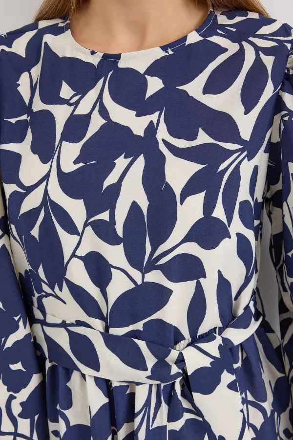 2513 Balloon Sleeve Hijab Dress - Navy Blue