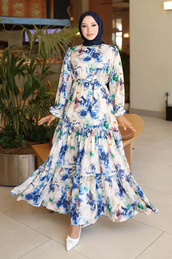 Kadın Desenli Uzun Tesettür Elbise 2586 - Saks