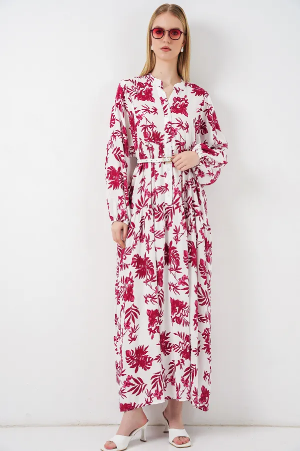 Kadın Desenli Uzun Tesettür Elbise 2585 - V. Kırmızı