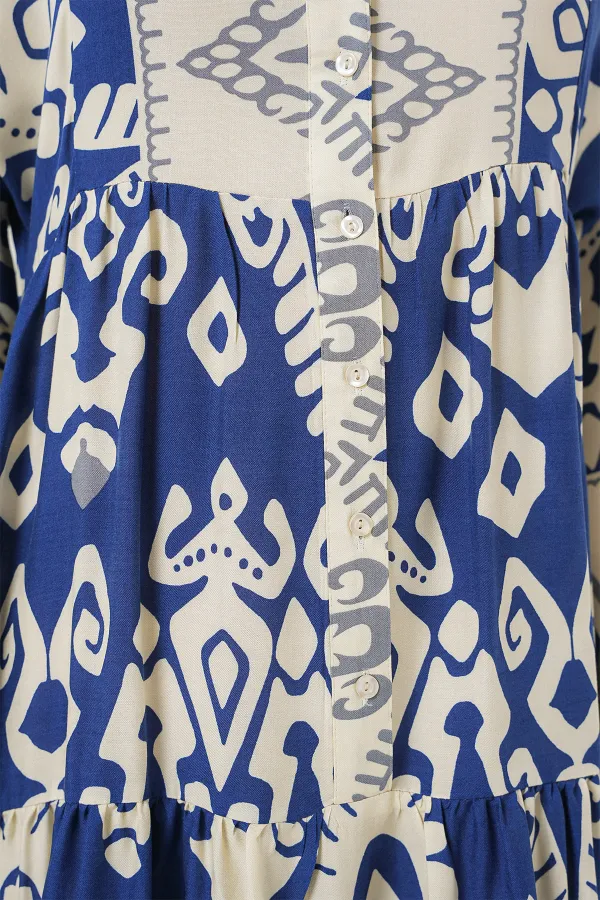 2423 Otantik Desenli Tesettür Elbise - İndigo 1