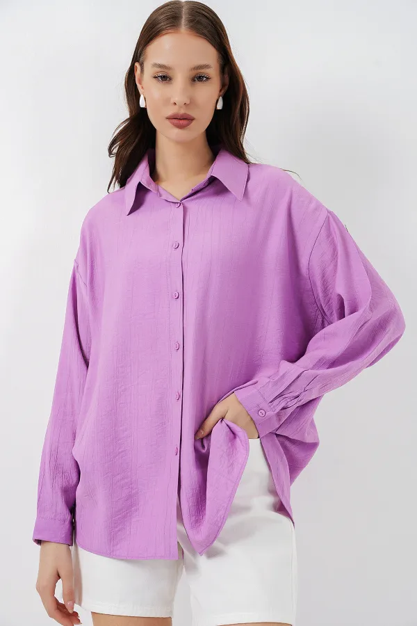 Kadın Uzun Oversize Gömlek 20334 - Lila
