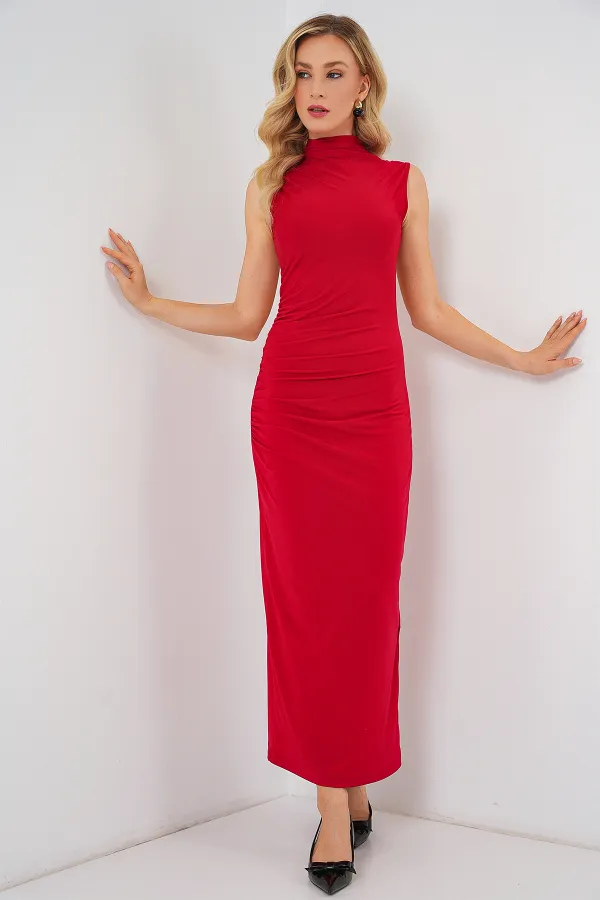 Robe drapée plissée à manches zéro pour femme 2579 - Rouge