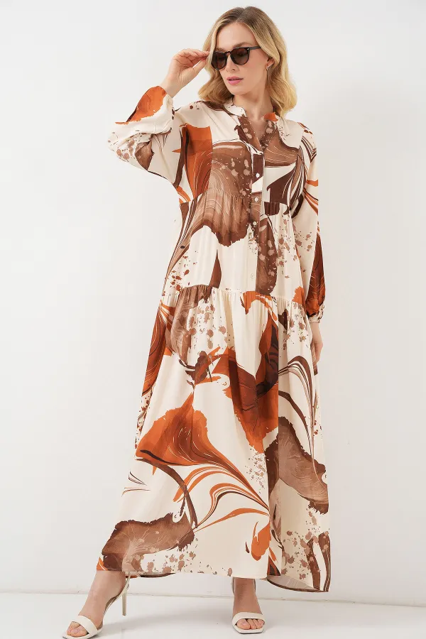 Kadın Desenli Uzun Tesettür Elbise 2585 - Kahverengi