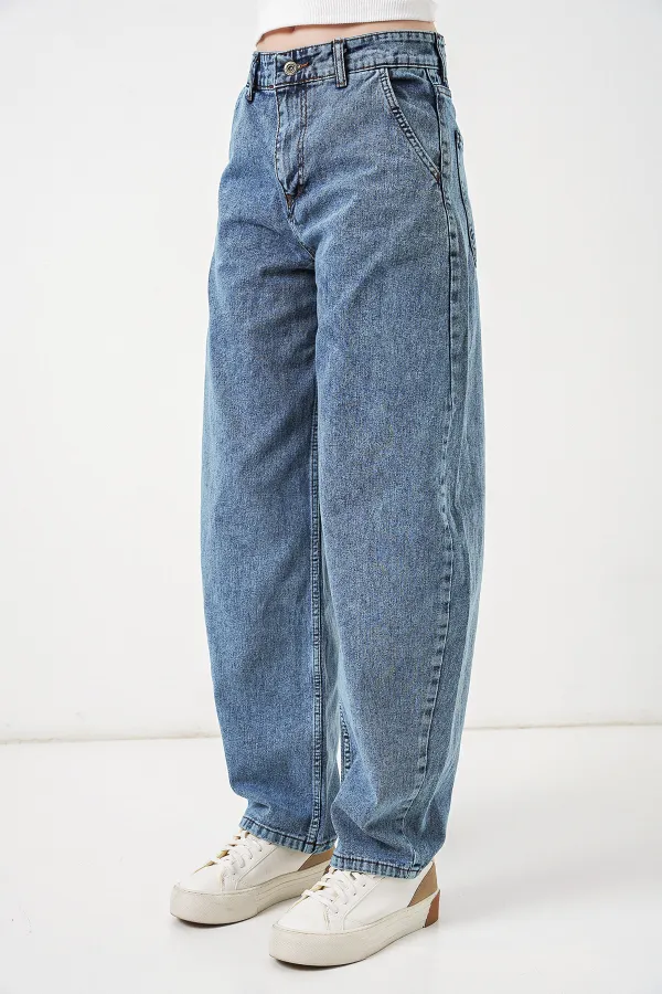 6689 Kadın Yüksek Bel Baggy Kot Pantolon - Mavi
