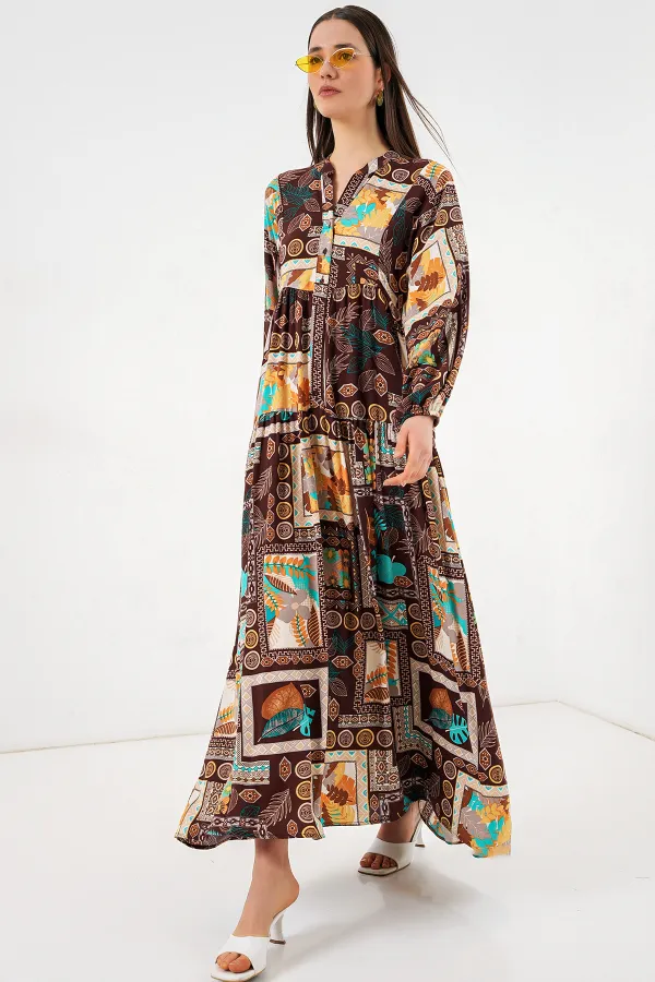 Kadın Desenli Uzun Tesettür Elbise 2585 - D.Kahve