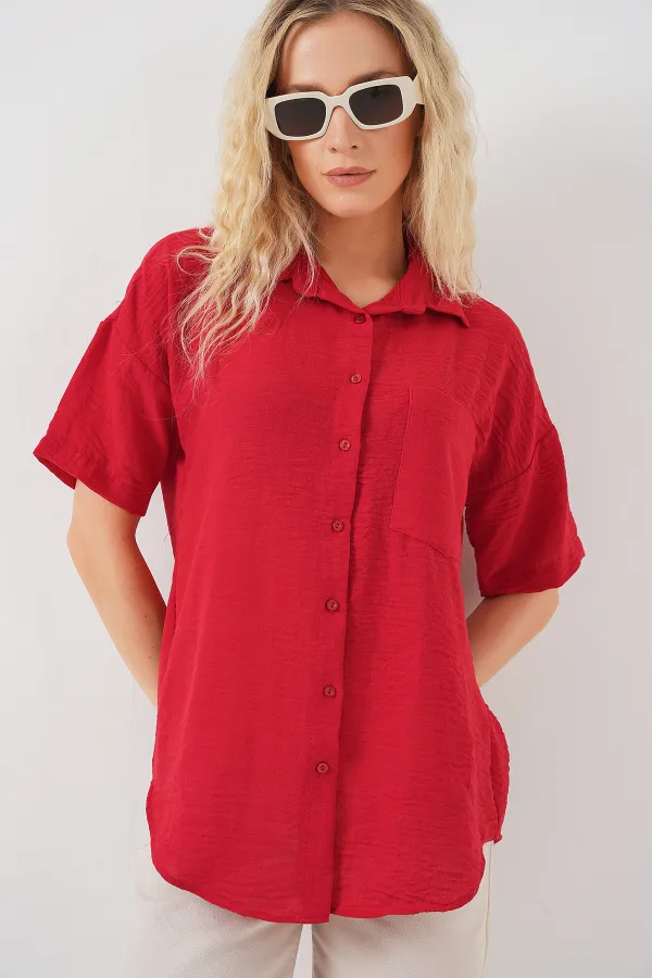 Chemise à manches courtes pour femme, aspect lin, référence 20336 - Rouge