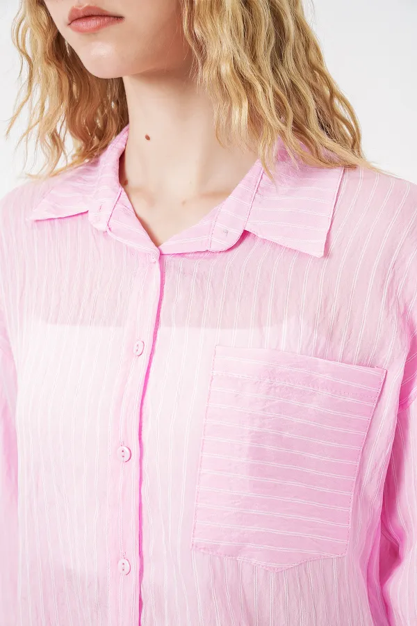 Kadın Tek Cepli Çizgili Oversize Gömlek 20375 - Pembe
