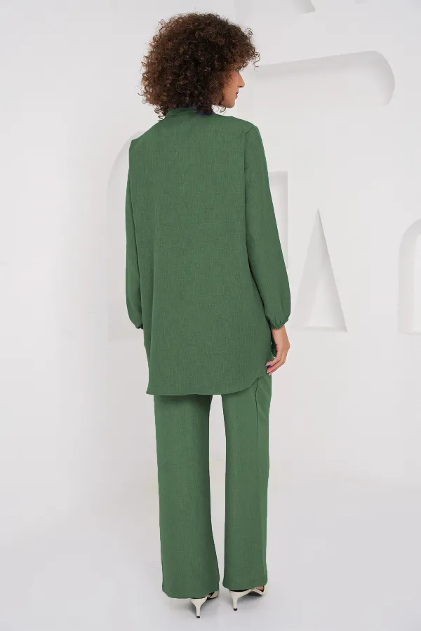 6678 Linen Tunic Trousers Two-Piece Suit - Emerald Green
