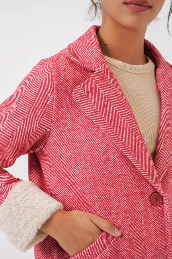 9145 Women's Herringbone Cashmere Coat with Feathered Sleeves - Red