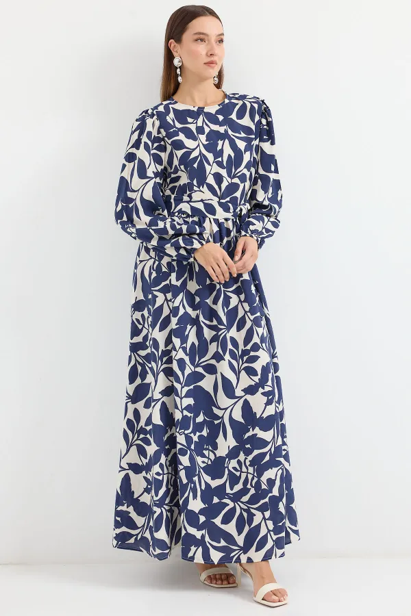2513 Balloon Sleeve Hijab Dress - Navy Blue