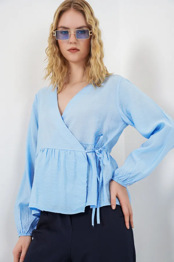 Kadın Yandan Bağlamalı Uzun Kollu Bluz 996 - Mavi