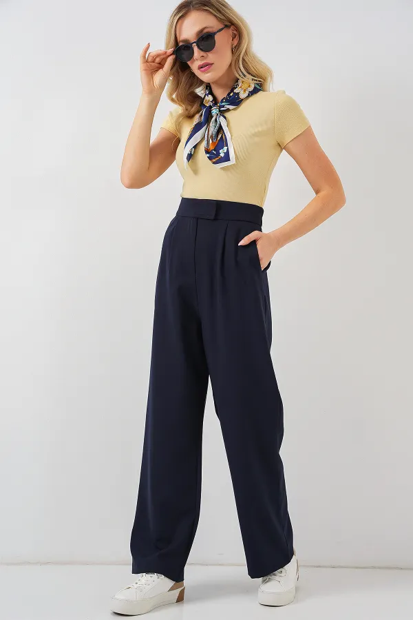 6612 High Waist Fabric Trousers - Navy Blue 6612 High Waist Fabric Trousers - Navy Blue