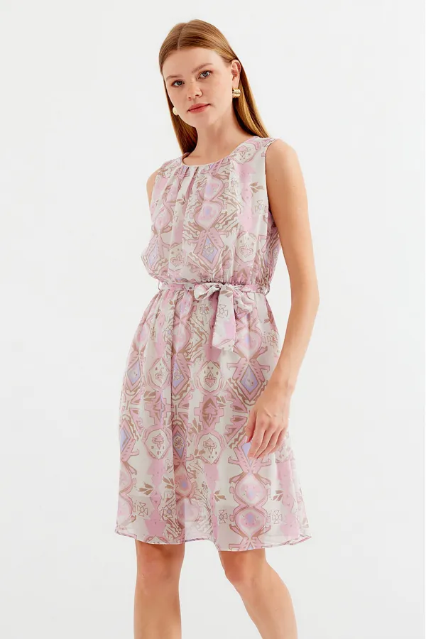Robe en mousseline à manches zéro et à motifs 2501 - Rose