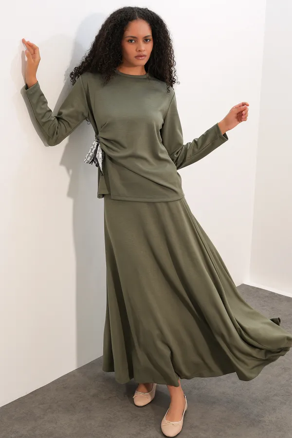 Women's Scarf Blouse and Skirt Two-Piece Set 8077 - Çağla Women's Scarf Blouse and Skirt Two-Piece Set 8077 - Çağla