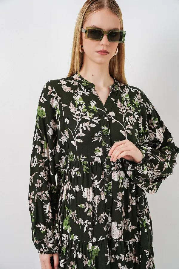 Kadın Desenli Uzun Tesettür Elbise 2585 - Koyu Haki