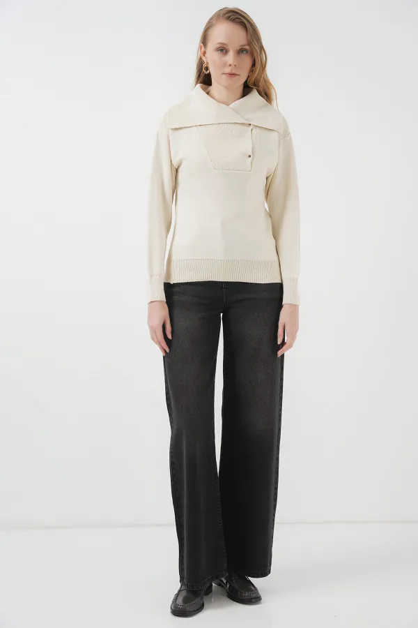 Pull en maille à col large 15921 - Crème