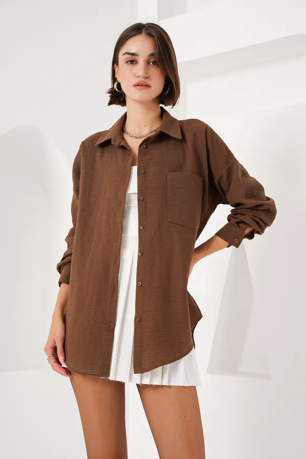 Chemise oversize en lin à poche unique 20153 - Marron clair