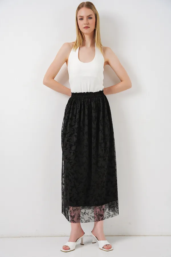 Kadın Flok Baskılı Astarlı Etek 8076 - Siyah