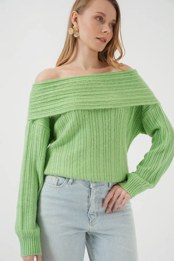 Pull oversize en maille à épaules dénudées pour femme (réf. 15908) - Vert foncé