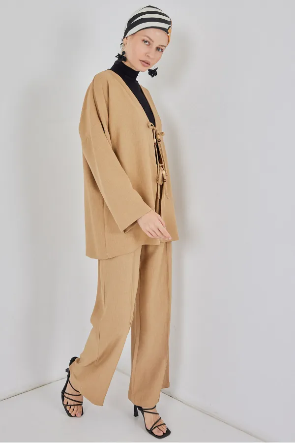 Kimono deux pièces en lin pour femme, modèle 6727 - Biscuit