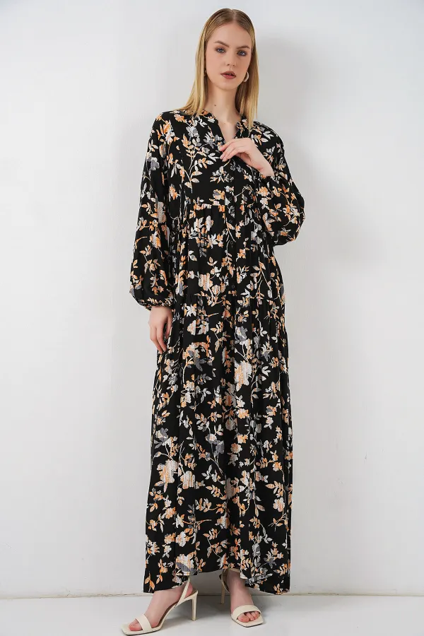 Women's Patterned Long Hijab Dress 2585 - V. Black