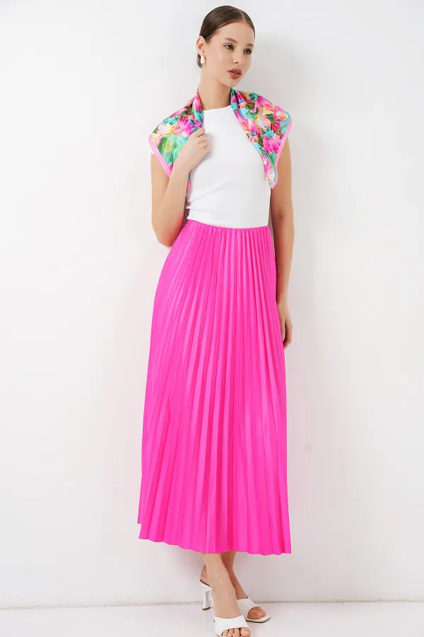 Jupe plissée aspect cuir 8009 - Fuchsia