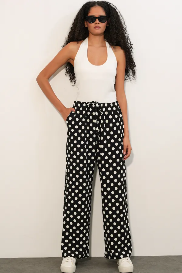 Women's Wide Leg Polka Dot Trousers 30116 - Black