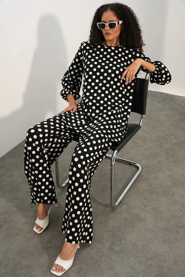 Women's Tunic and Pants Polka Dot Top and Bottom Set 6663 - A.Black Women's Tunic and Pants Polka Dot Top and Bottom Set 6663 - A.Black