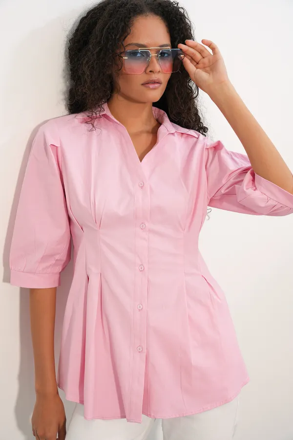 Women's Long Waist-Fitting Shirt 20383 - Pink Women's Long Waist-Fitting Shirt 20383 - Pink