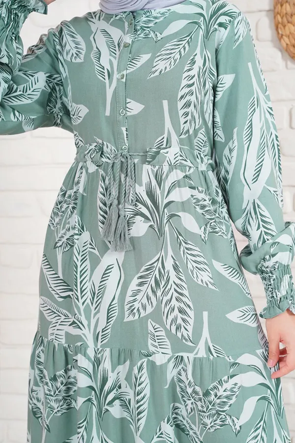 2145 Desenli Tesettür Elbise - Haki