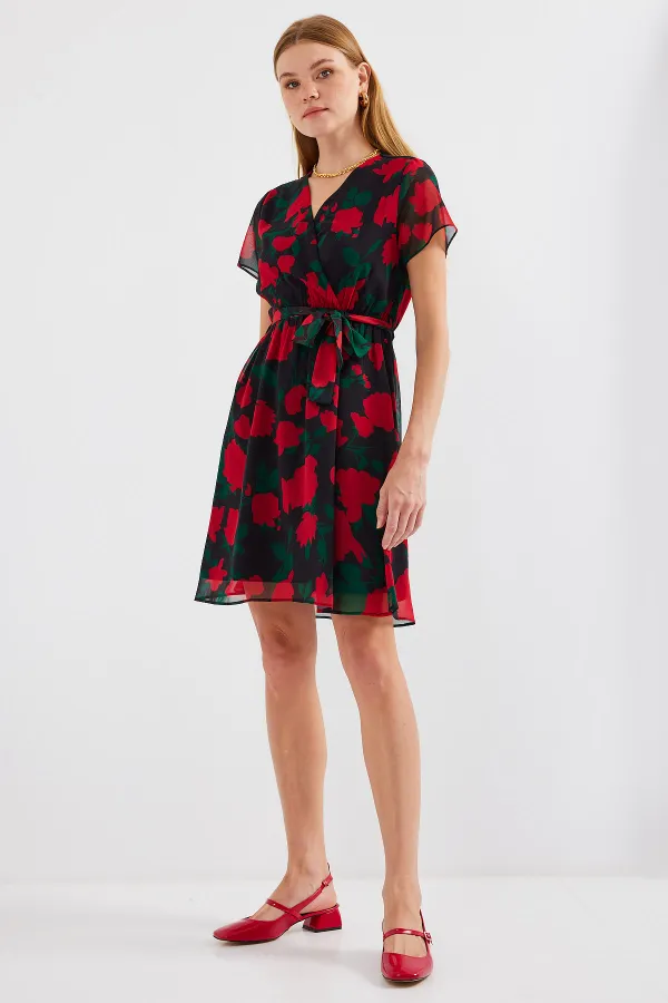 Robe courte en mousseline à motifs, manches courtes, noire (réf. 2502)