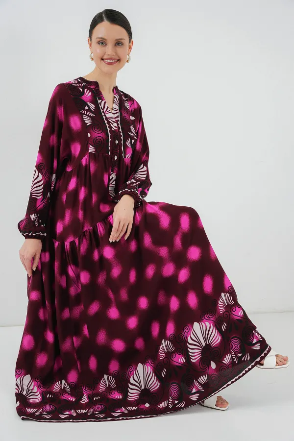 Robe hijab à motifs authentiques 2423 - Bordeaux - Fuchsia