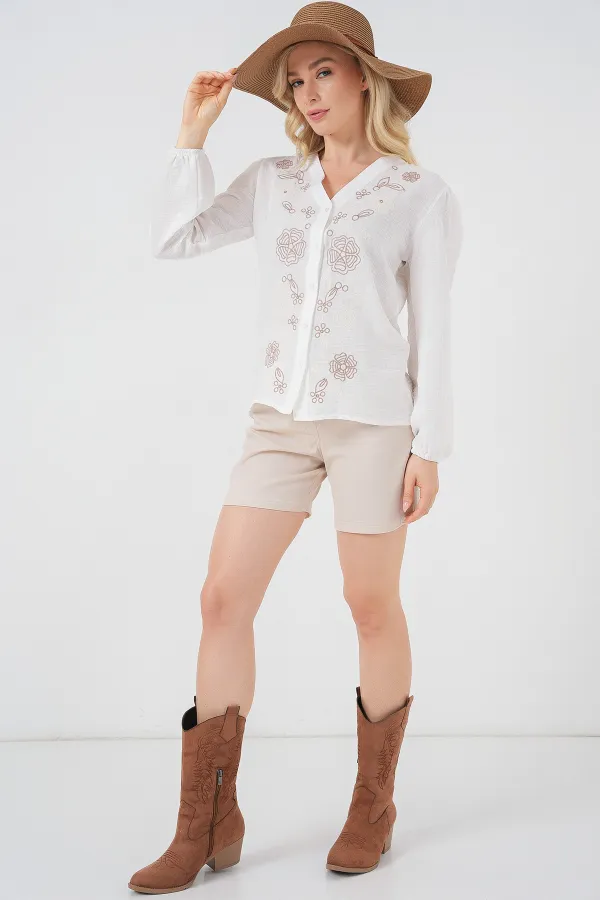 Kadın Nakışlı Uzun Kol Bluz 963 - Kahverengi