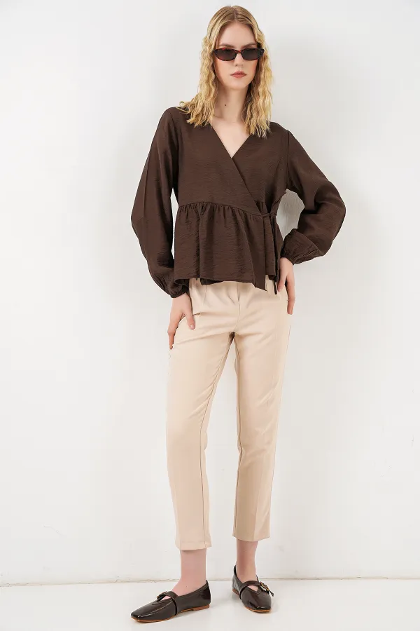 Kadın Yandan Bağlamalı Uzun Kollu Bluz 996 - Kahverengi