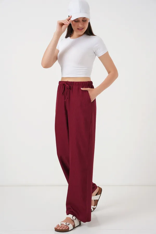 Women's Wide Leg Linen Trousers 6735 - Burgundy