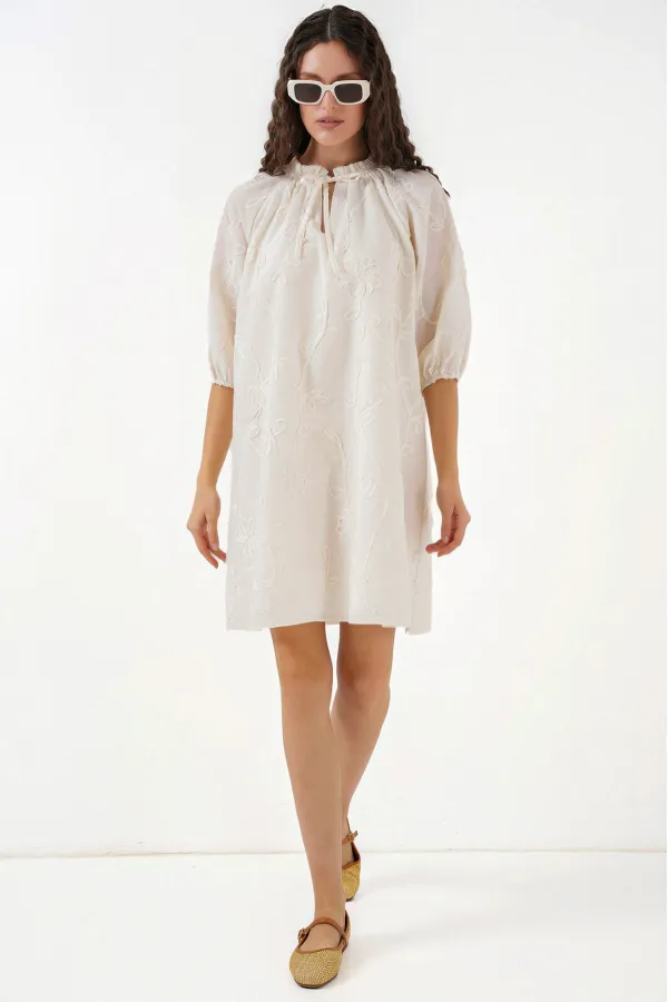 Kadın Desenli Kısa Elbise 2528 - Krem