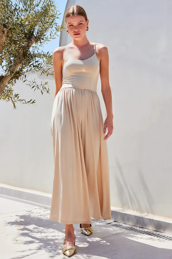 Combinaison pantalon à jambes larges et bretelles 7029 - Beige