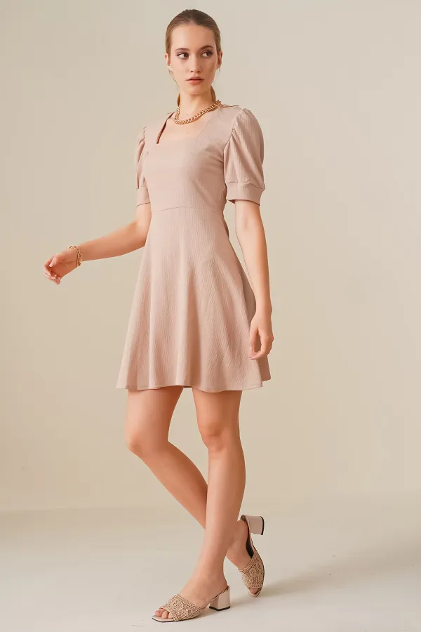 2339 Square Neck Knitted Dress - Biscuit